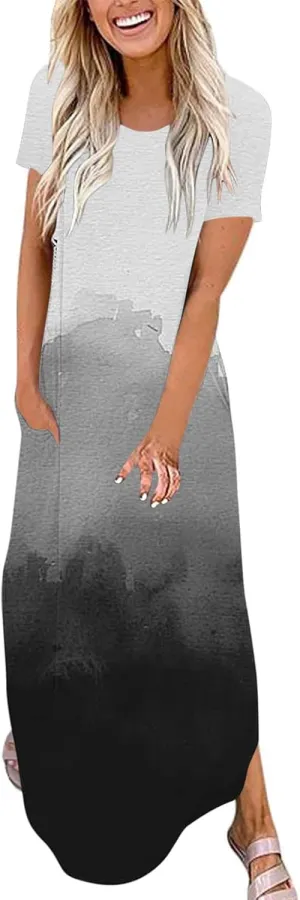 Maxi Dresses for Women Gradient Short Sleeve Irregular Hem Floral Casual Long Dress with Pocket Summer Beach Outfit