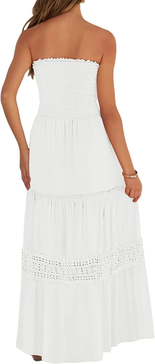 Maxi Dresses for Women Summer Boho Strapless Off Shoulder Dress Smocked Lace Trim Flowy A Line Beach Dress