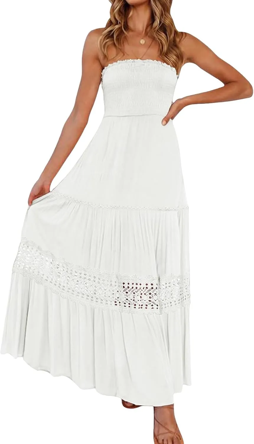 Maxi Dresses for Women Summer Boho Strapless Off Shoulder Dress Smocked Lace Trim Flowy A Line Beach Dress