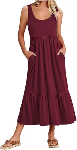 Maxi Dresses for Women Summer Tiered Tank Long Dresses Casual Sleeveless Crewneck Sundress Beach Travel Vacation Outfits