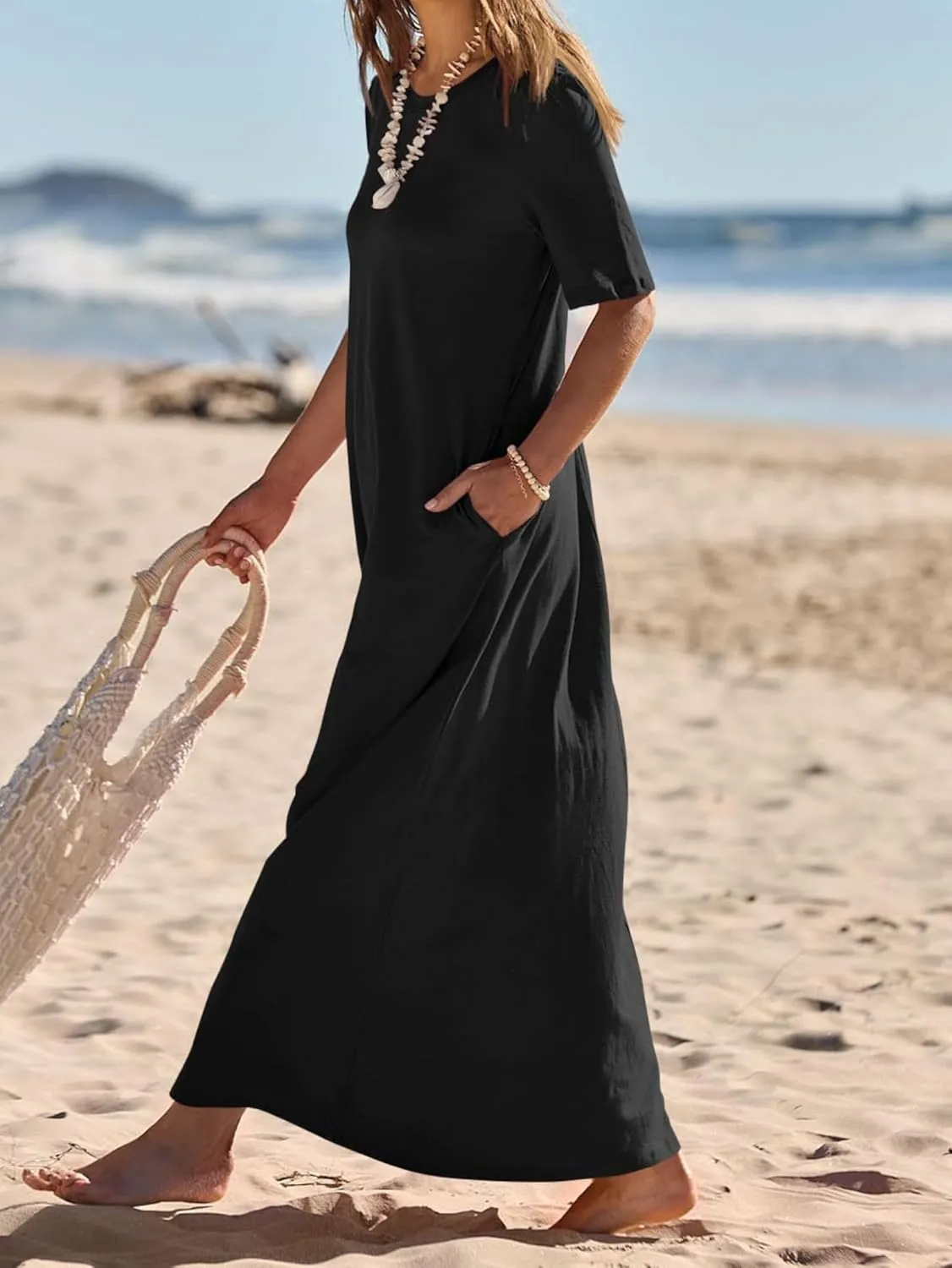 Maxi Dressess for Women Summer Crewneck Short Sleeve Maxi Dress Casual Dressy Flowy Flutter Ruffle Hem Dress 2025
