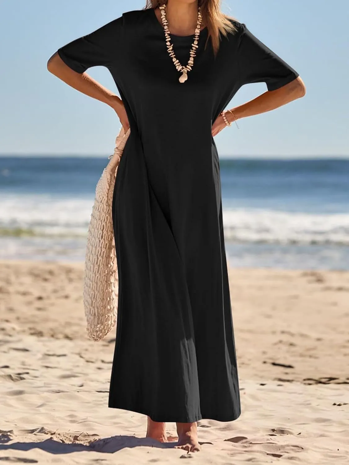 Maxi Dressess for Women Summer Crewneck Short Sleeve Maxi Dress Casual Dressy Flowy Flutter Ruffle Hem Dress 2025