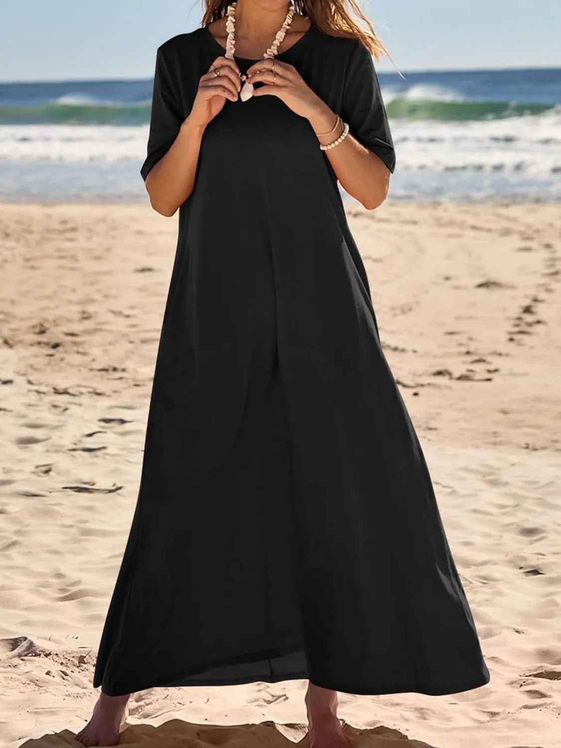 Maxi Dressess for Women Summer Crewneck Short Sleeve Maxi Dress Casual Dressy Flowy Flutter Ruffle Hem Dress 2025