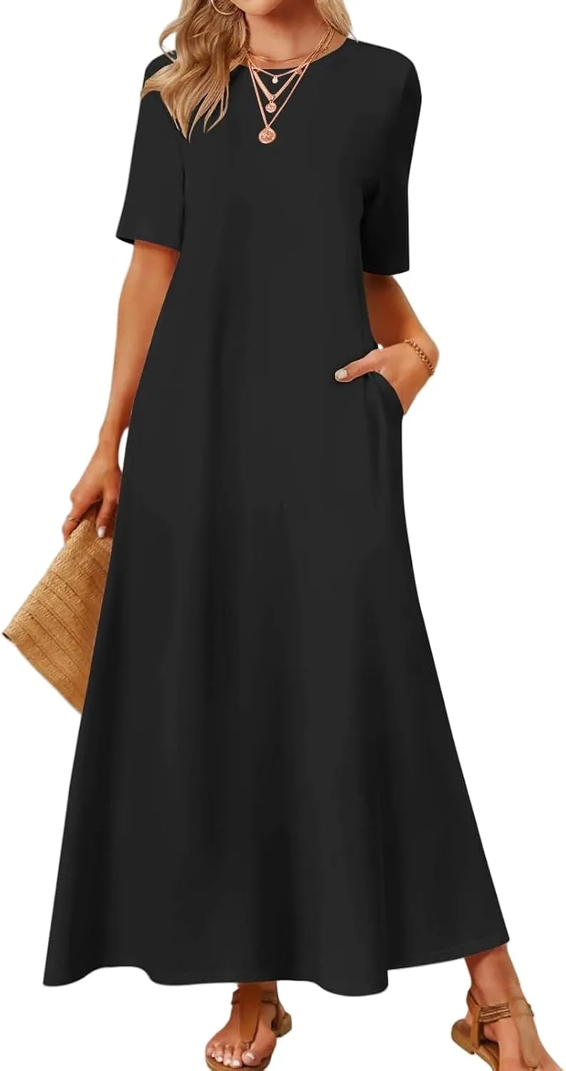 Maxi Dressess for Women Summer Crewneck Short Sleeve Maxi Dress Casual Dressy Flowy Flutter Ruffle Hem Dress 2025