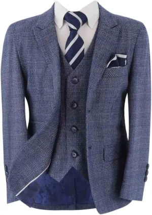 Mens Boys Retro Check Tweed Suits Tailored Fit Father and Son 3 Piece Set