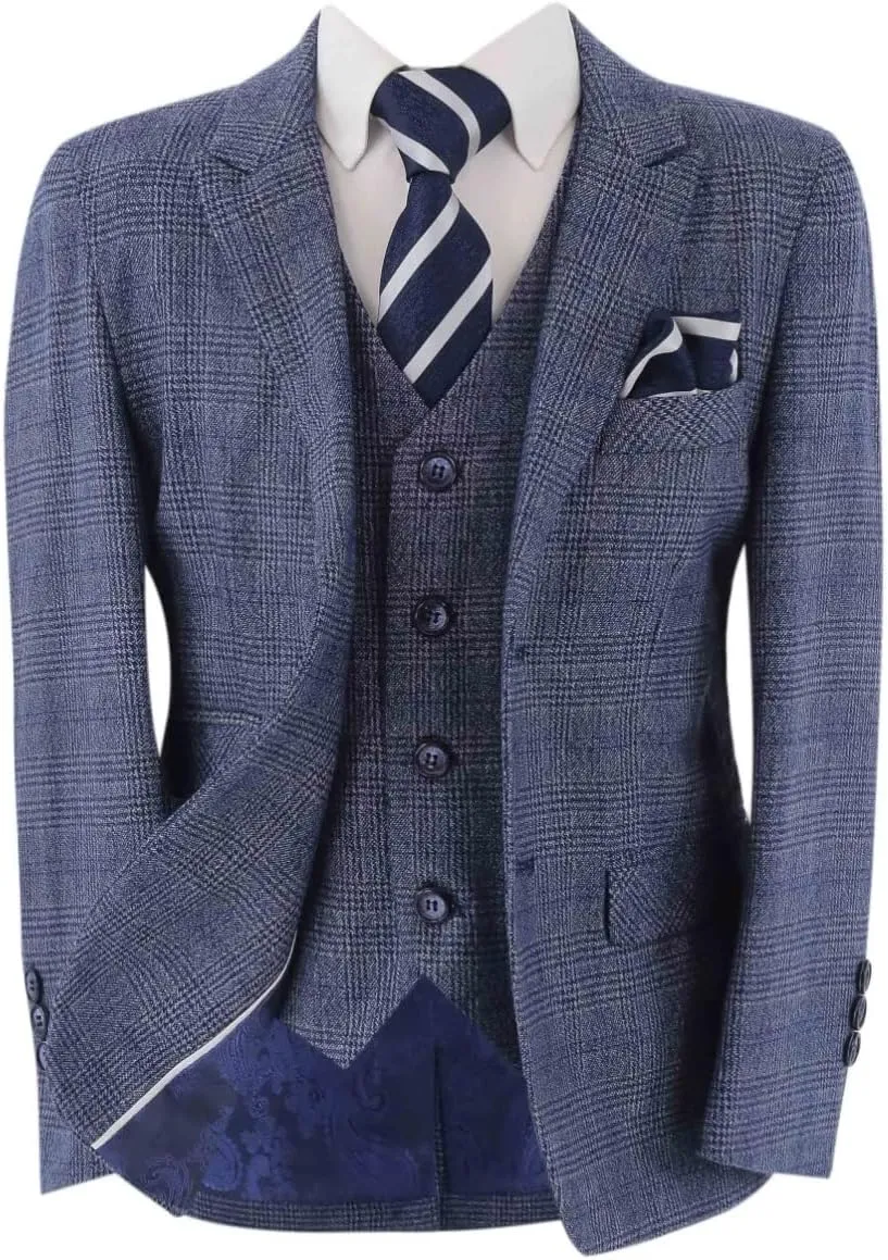 Mens Boys Retro Check Tweed Suits Tailored Fit Father and Son 3 Piece Set