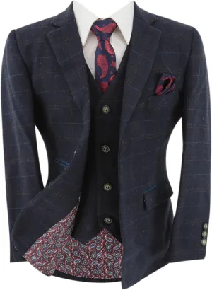Mens Boys Tweed Windowpane Check Matching Suit Navy Blue Wedding Pageboy Tailored Fit Formal 3 Piece Set