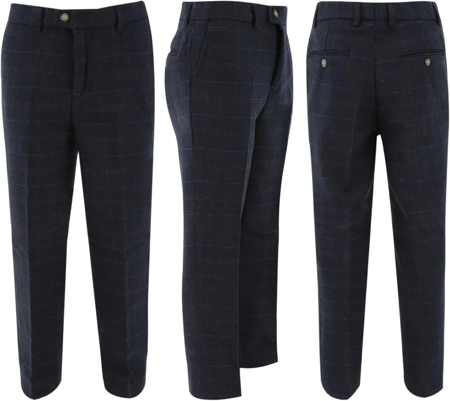 Mens Boys Tweed Windowpane Check Matching Suit Navy Blue Wedding Pageboy Tailored Fit Formal 3 Piece Set