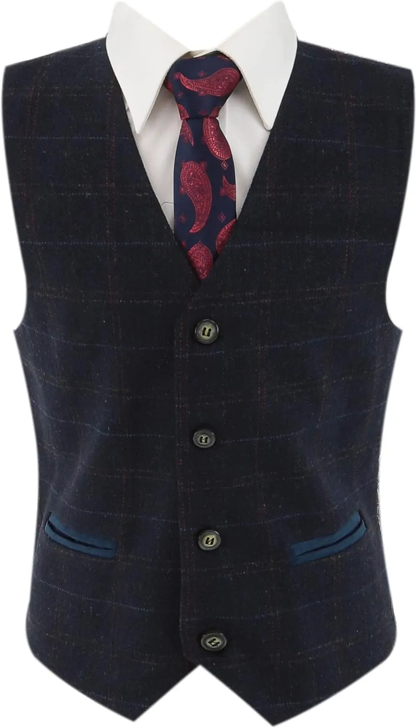Mens Boys Tweed Windowpane Check Matching Suit Navy Blue Wedding Pageboy Tailored Fit Formal 3 Piece Set