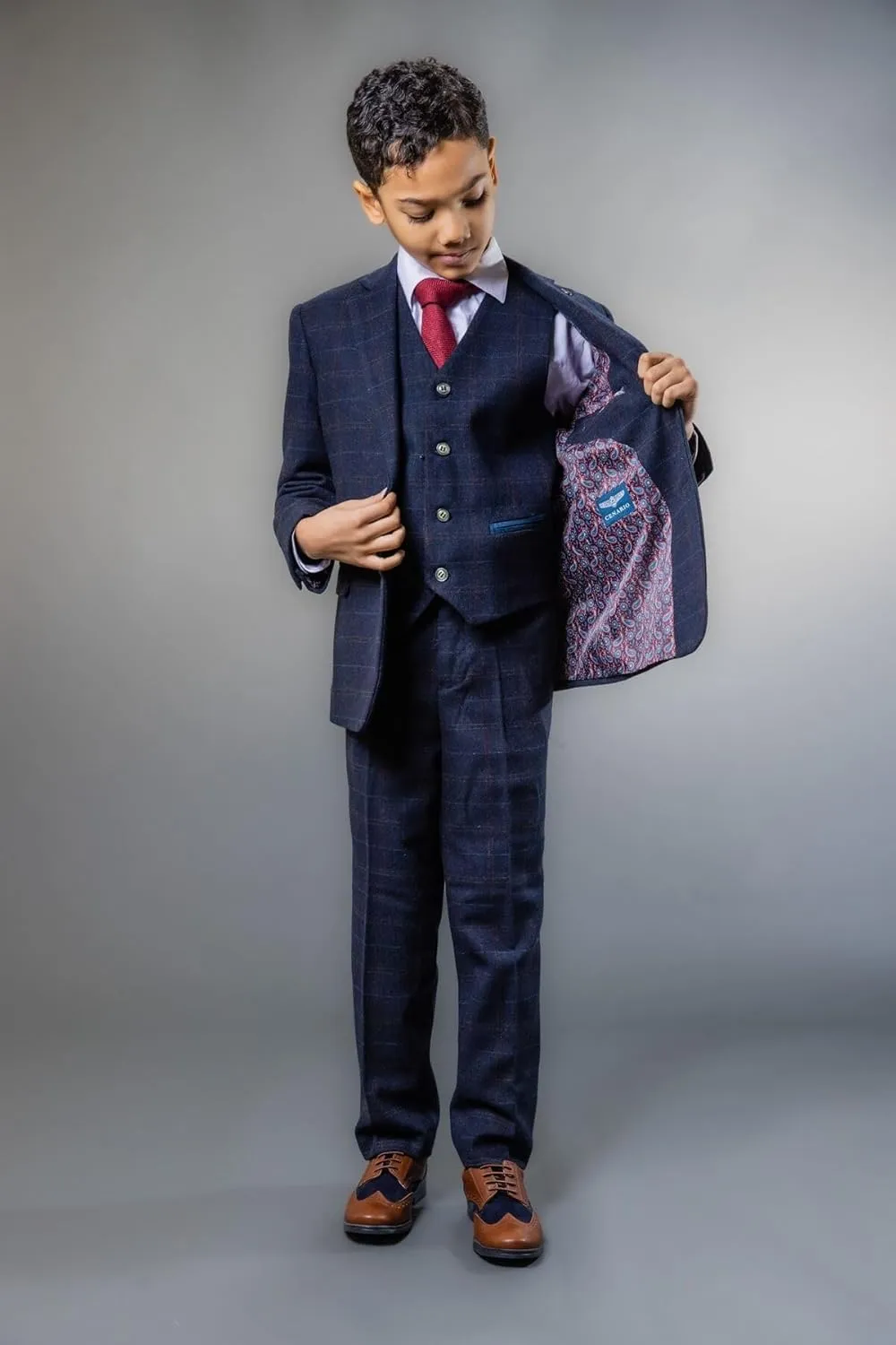 Mens Boys Tweed Windowpane Check Matching Suit Navy Blue Wedding Pageboy Tailored Fit Formal 3 Piece Set