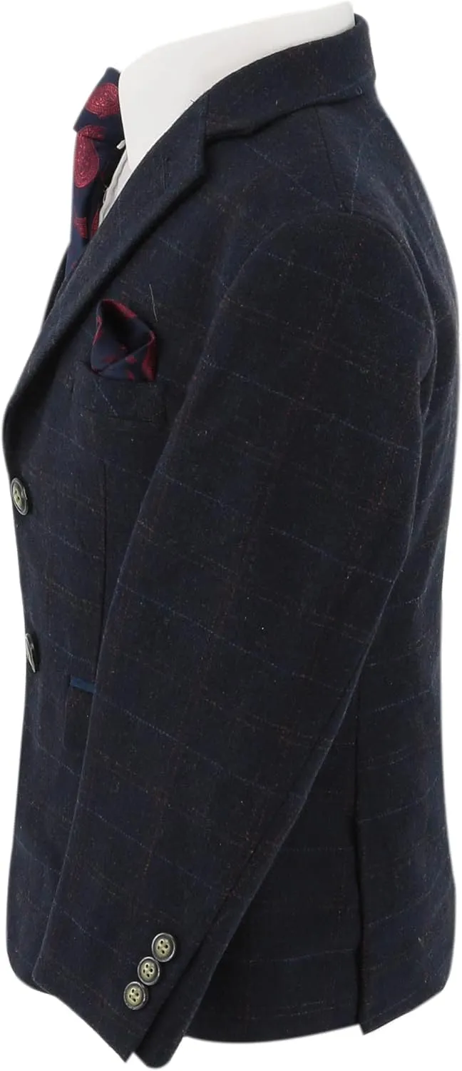 Mens Boys Tweed Windowpane Check Matching Suit Navy Blue Wedding Pageboy Tailored Fit Formal 3 Piece Set