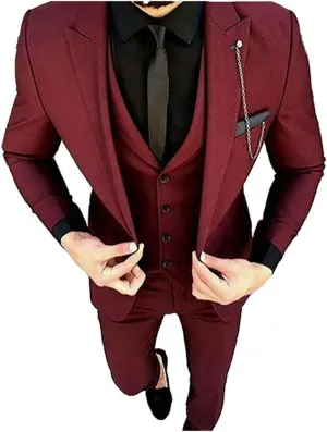Mens Burgundy Tailored Wedding Peak Lapel Tuxedo Slim Fit Blazer Vest Tapered Pant 3-Pieces Suit