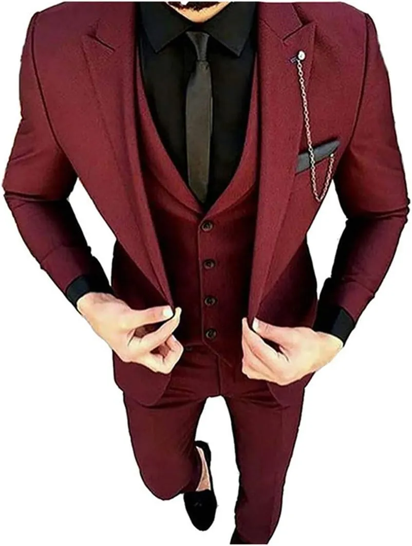 Mens Burgundy Tailored Wedding Peak Lapel Tuxedo Slim Fit Blazer Vest Tapered Pant 3-Pieces Suit