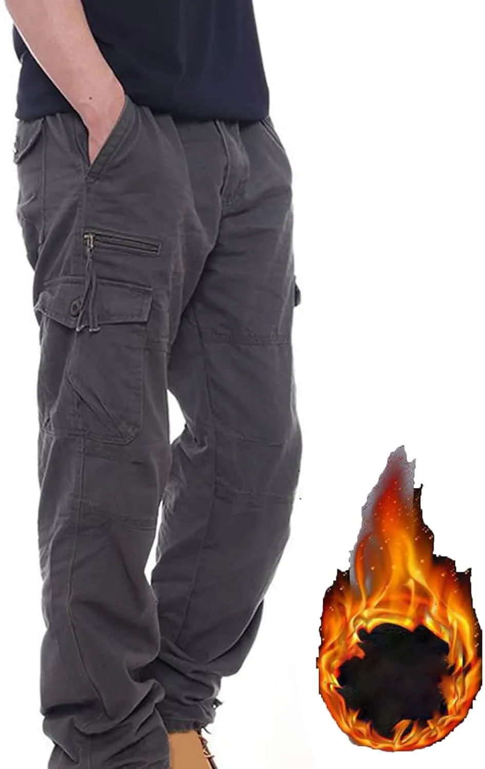 Men's Cargo Sweatpants Warm Fleece Lined Baggy Hiking Jogger Winter Straight Leg Gym Lounge Pants with Zip Pockets