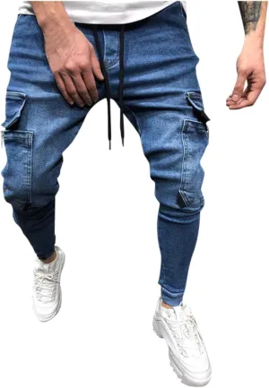 Men's Jeans Hip Hop Wash Casual Skinny Pocket Sports Jeans Drawstring Elasticated Waist Denim Pants with Pockets