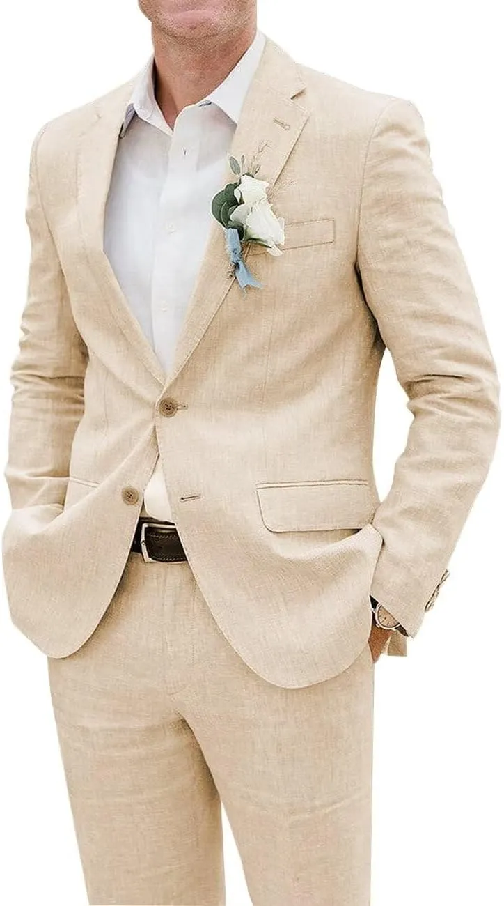 Men's Linen Suits Slim Fit 2 Piece Lightweight Beach Wedding Groom Suit Summer Tailored Blazer and Pants Tuxedo