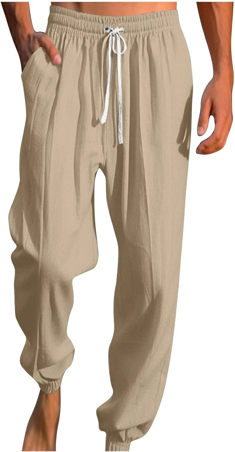 Mens Linen Yoga Pants Classic Elastic Waist Drawstring Summer Pleated Beach Pants Loose Fit Casual Tapered Trousers