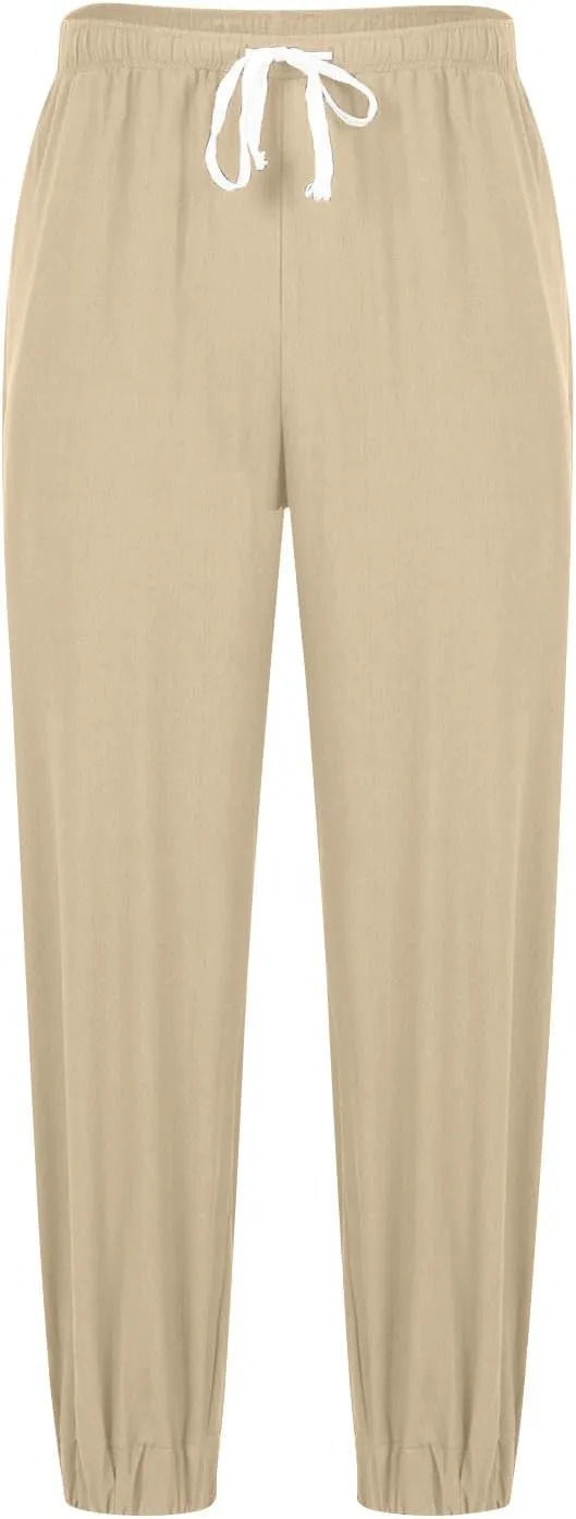 Mens Linen Yoga Pants Classic Elastic Waist Drawstring Summer Pleated Beach Pants Loose Fit Casual Tapered Trousers