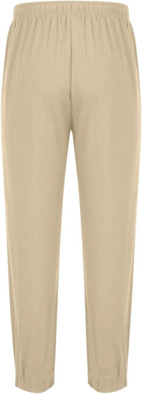 Mens Linen Yoga Pants Classic Elastic Waist Drawstring Summer Pleated Beach Pants Loose Fit Casual Tapered Trousers