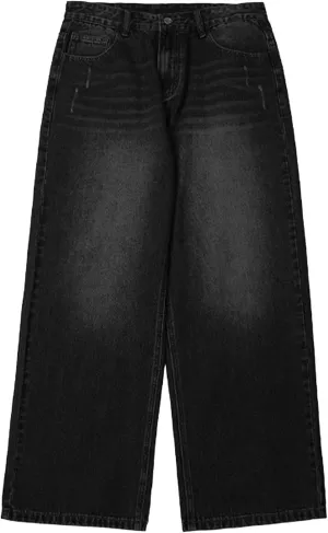 Mens Loose Fit Hip Hop Jeans Straight Retro Relaxed Fit Denim Pants Classic Vintage Plain Washed Baggy Jean