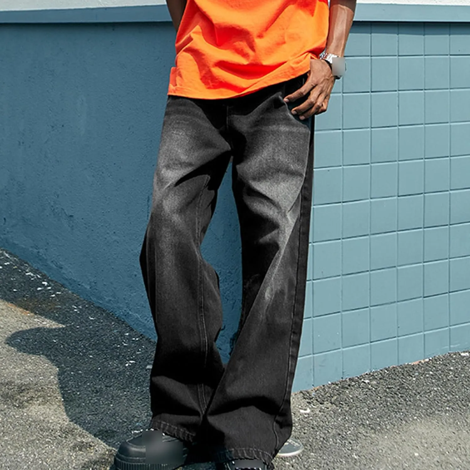 Mens Loose Fit Hip Hop Jeans Straight Retro Relaxed Fit Denim Pants Classic Vintage Plain Washed Baggy Jean