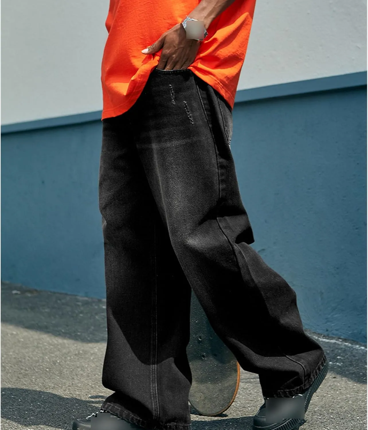 Mens Loose Fit Hip Hop Jeans Straight Retro Relaxed Fit Denim Pants Classic Vintage Plain Washed Baggy Jean