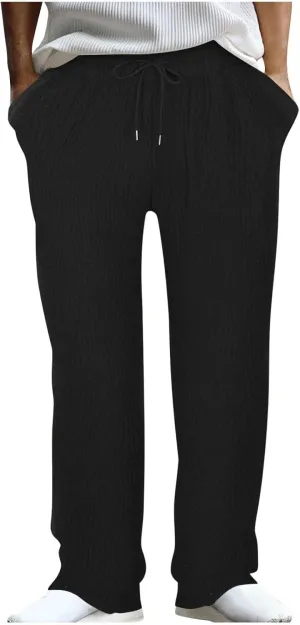 Men's Rib Straight Wide Leg Pants Classic Lounge Athletic Yoga Pants Casual Loose Drawstring Elastic Waist Trousers