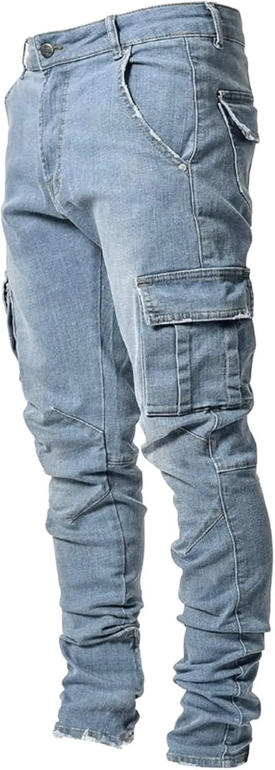 Men's Slim Fit Denim Jeans Casual Fashion Tapered Cargo Jeans Straight Leg Pants Trousers Streetwear Hip Hop Jean with Zipper