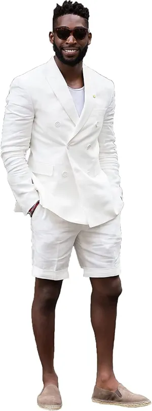 Mens Summer Casual White Tailored Beach Wedding Slim Fit Tuxedo Suit Blazer & Shorts Set