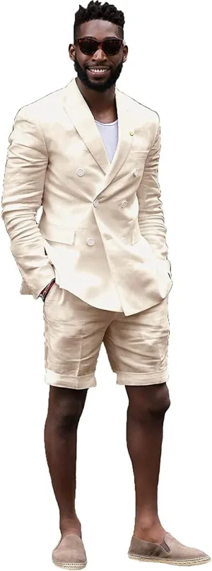 Mens Summer Casual White Tailored Beach Wedding Slim Fit Tuxedo Suit Blazer & Shorts Set