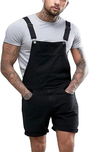Mens Summer Short Overalls Denim Bib Shorts Casual Outdoor Vintage Distressed Jeans Jumpsuit Shorts with Pockets