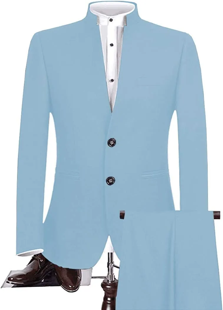 Mens Tailored Fit Chinese Tunic Suit 2 Pieces Slim Fit Formal Prom Blazer Sets with Trousers