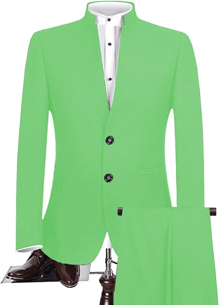 Mens Tailored Fit Chinese Tunic Suit 2 Pieces Slim Fit Formal Prom Blazer Sets with Trousers