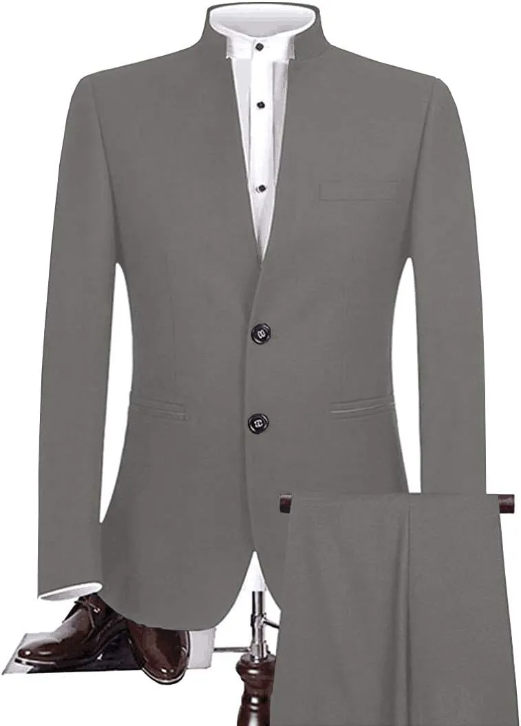 Mens Tailored Fit Chinese Tunic Suit 2 Pieces Slim Fit Formal Prom Blazer Sets with Trousers