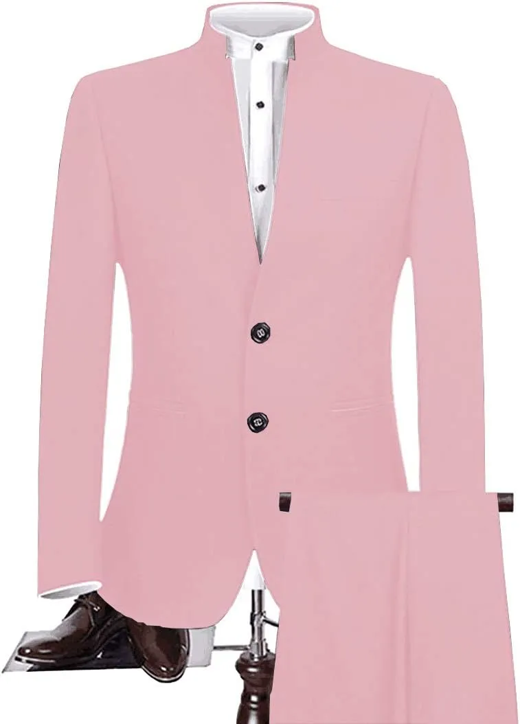 Mens Tailored Fit Chinese Tunic Suit 2 Pieces Slim Fit Formal Prom Blazer Sets with Trousers