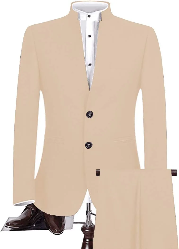 Mens Tailored Fit Chinese Tunic Suit 2 Pieces Slim Fit Formal Prom Blazer Sets with Trousers