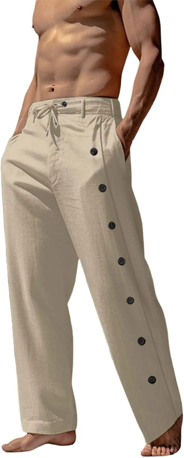 Mens Tailored Wide Leg Pants Linen Beach Summer Pants Elastic Waist Drawstring Casual Loose Yoga Hawaiian Trousers