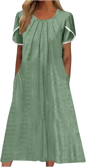 Midi Dresses for Women Summer Crew Neck Petal Sleeve Lace-Up Hollow Out Ruched High Waist Eyelet Dress with Pockets