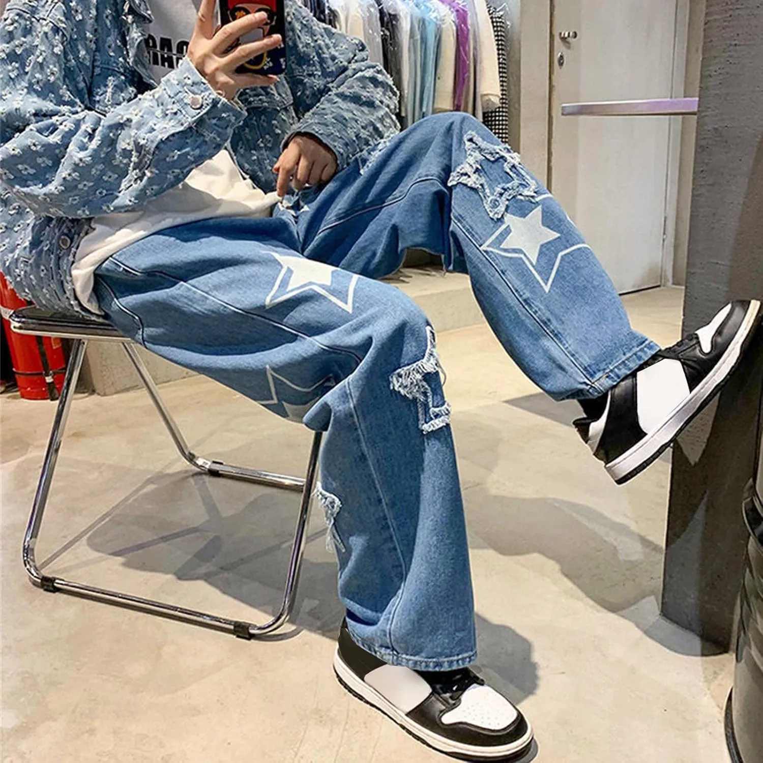 MIDOO Mens Jeans Slim Fit Wide Leg Casual Straight Leg Jeans Trend Fashion Denim Pants Low Rise Skinny Jean Trousers