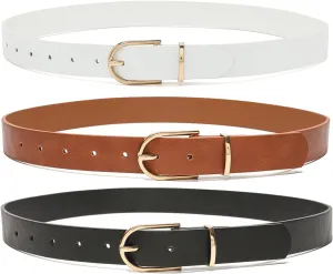 MORELESS 3 Pack Women's Faux Leather Waist Belt for Jeans Dress Black White Brown