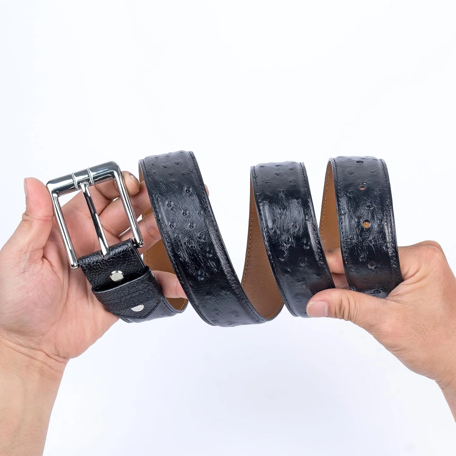 Ostrich Leather Belt Mens Handmade Exotic Straight Belts Metal Pin Buckle Durable Dress Belt-Classic & Fashion