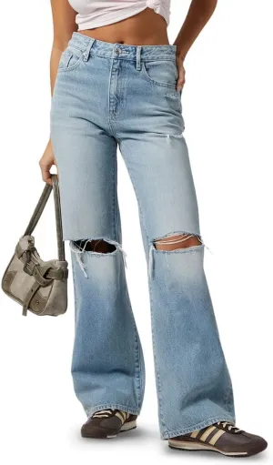 PacSun Women's Light Indigo Ripped High Waisted Girlfriend Jeans