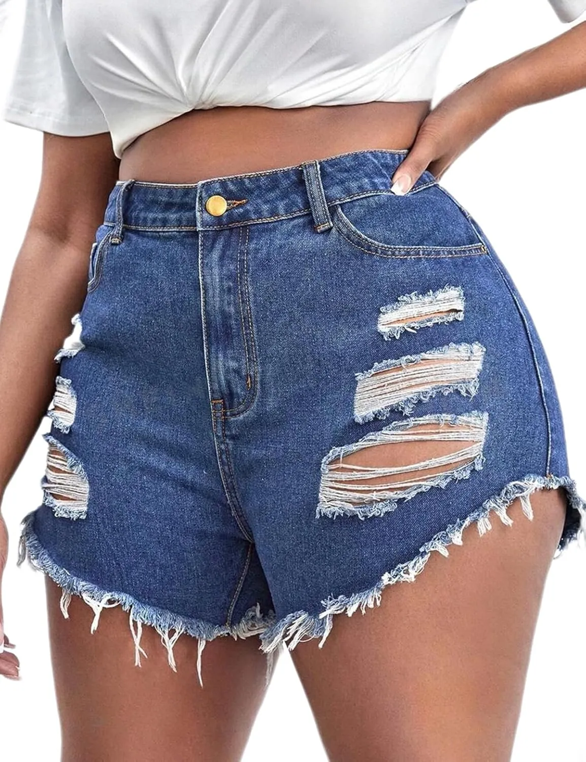 Plus Size Denim Shorts Women High Waisted Ripped Folded Hem Jean Shorts