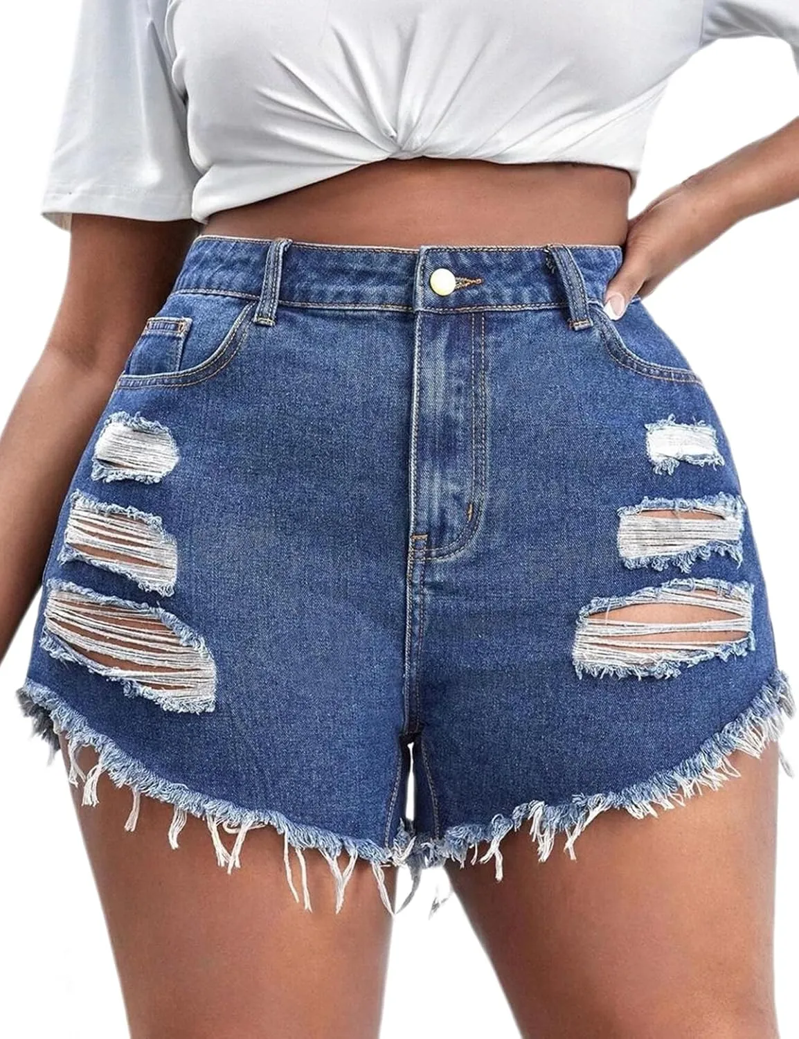 Plus Size Denim Shorts Women High Waisted Ripped Folded Hem Jean Shorts