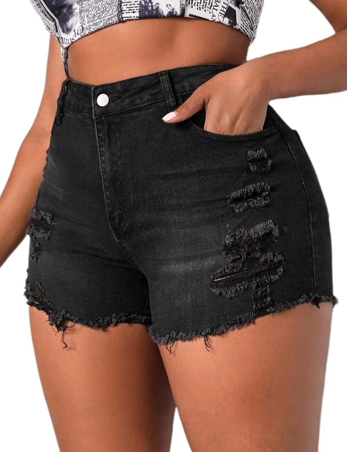 Plus Size Denim Shorts Women High Waisted Ripped Folded Hem Jean Shorts
