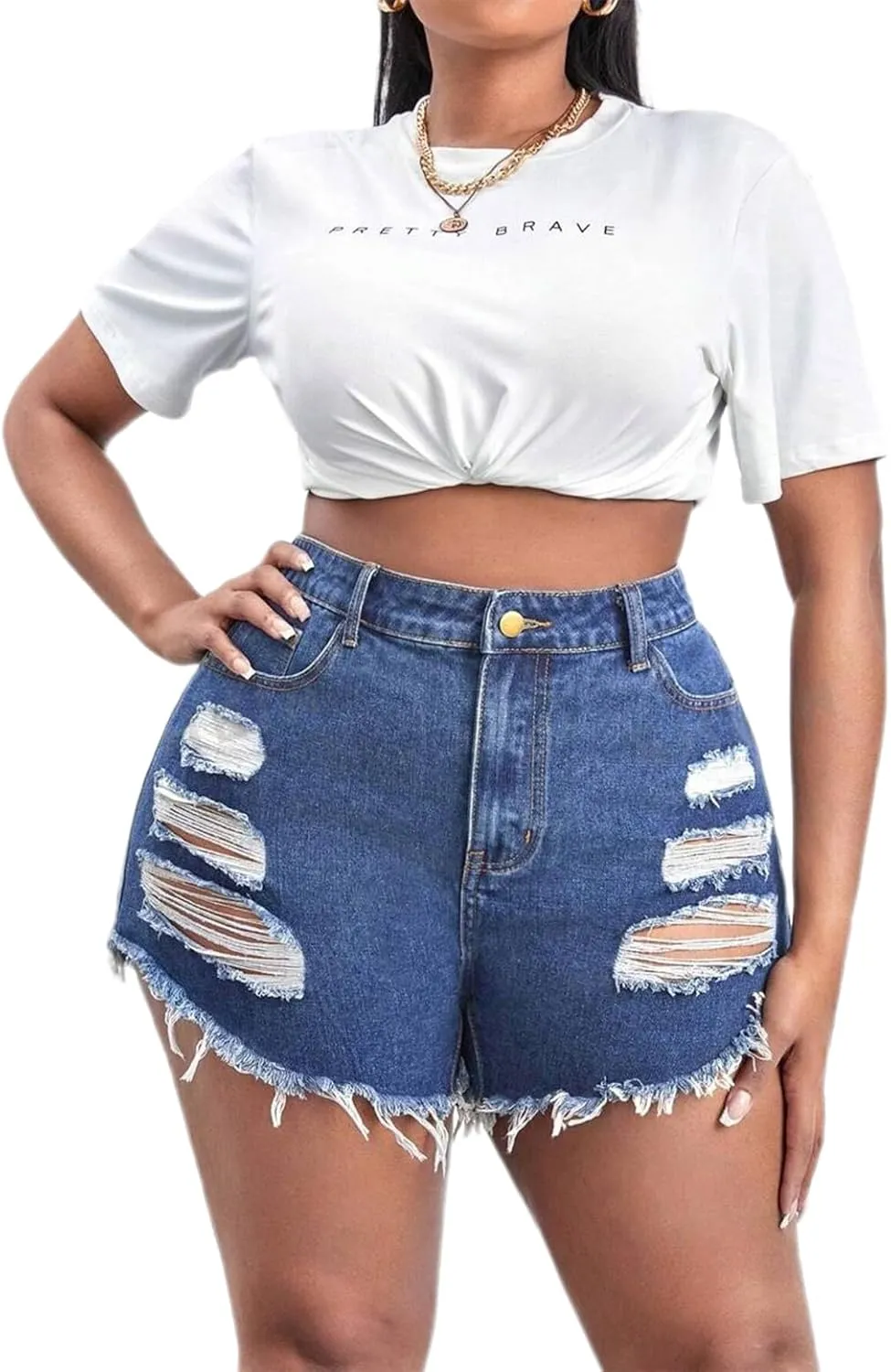 Plus Size Denim Shorts Women High Waisted Ripped Folded Hem Jean Shorts