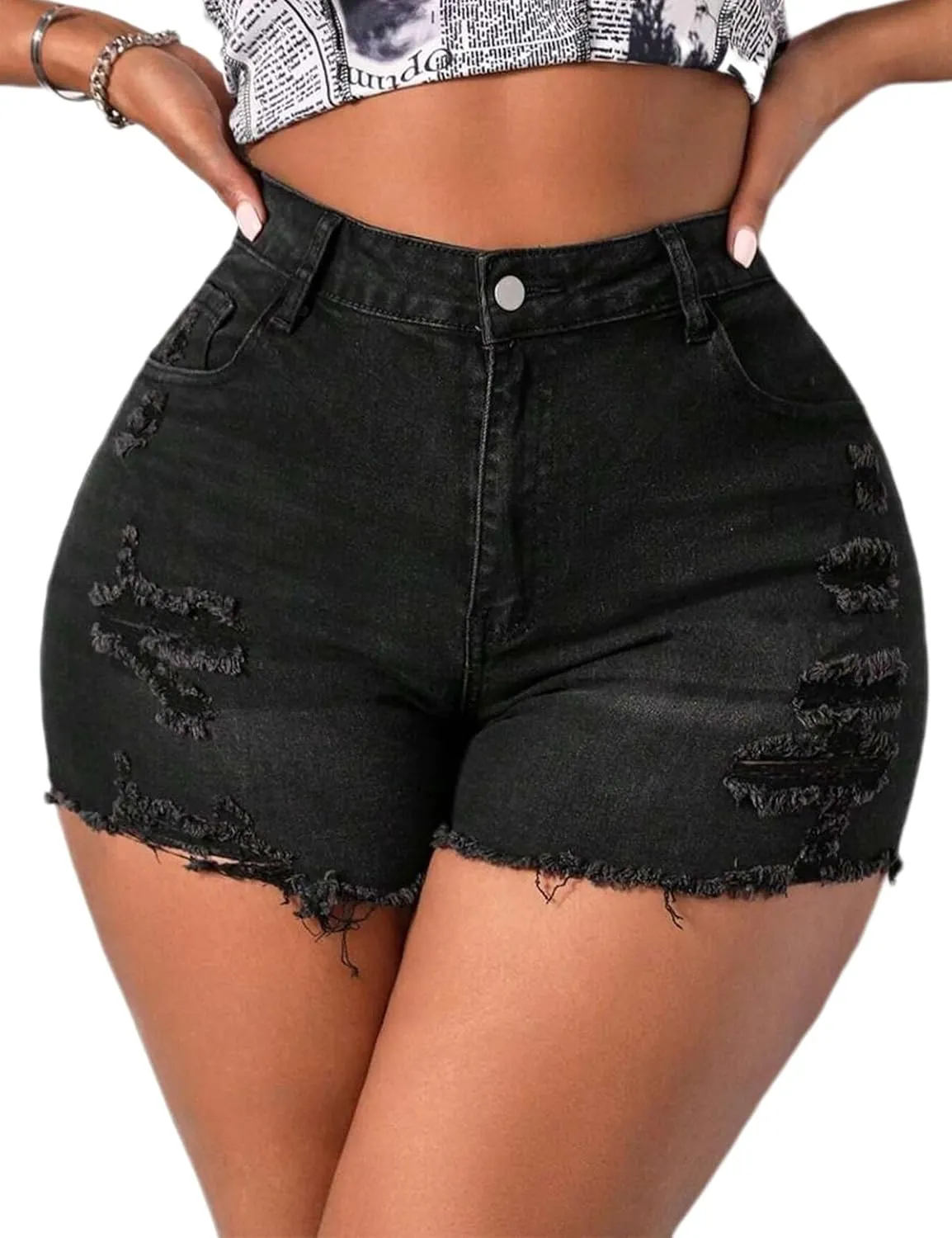 Plus Size Denim Shorts Women High Waisted Ripped Folded Hem Jean Shorts