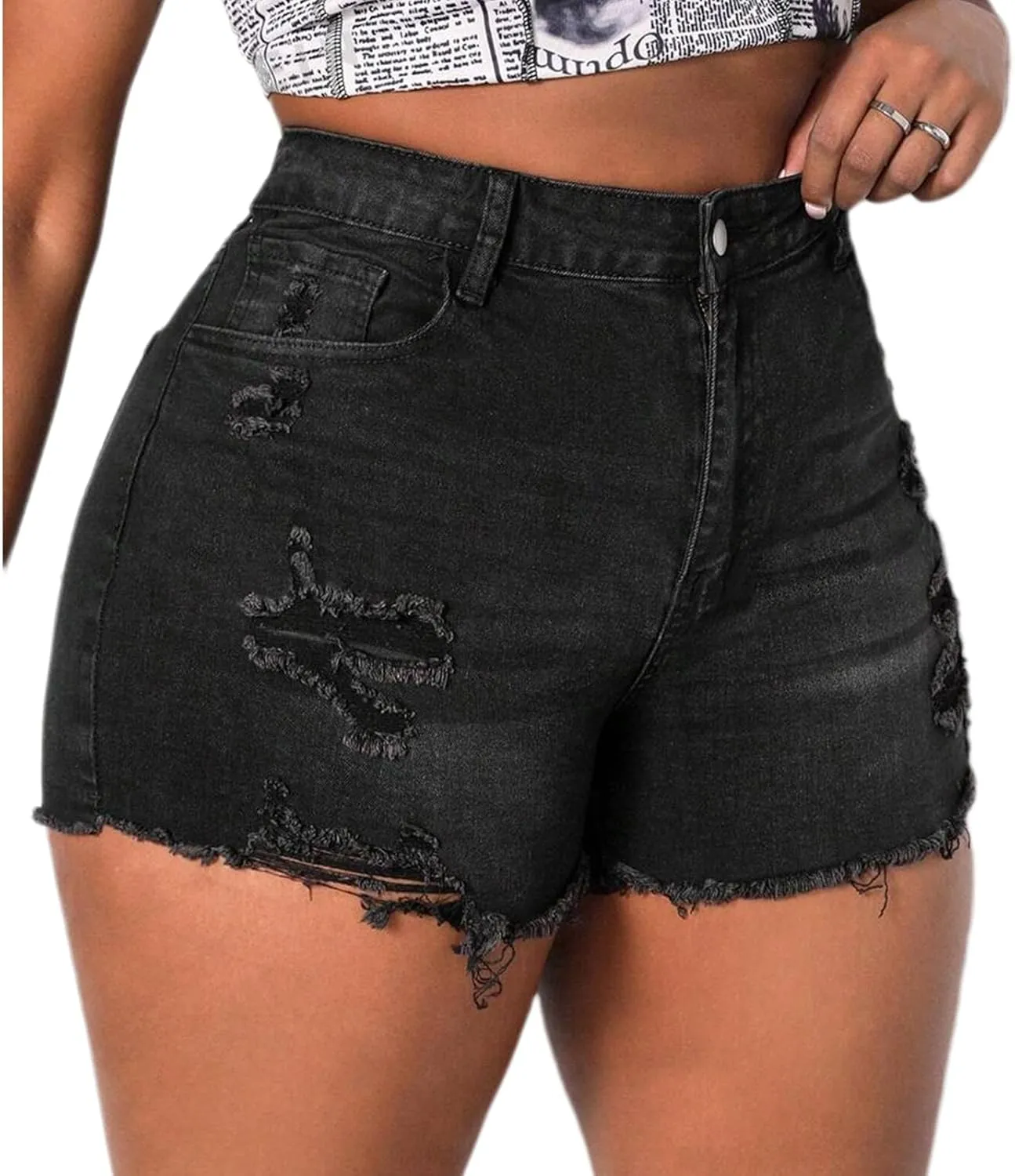 Plus Size Denim Shorts Women High Waisted Ripped Folded Hem Jean Shorts