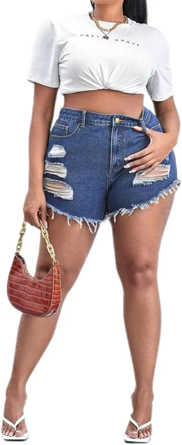Plus Size Denim Shorts Women High Waisted Ripped Folded Hem Jean Shorts