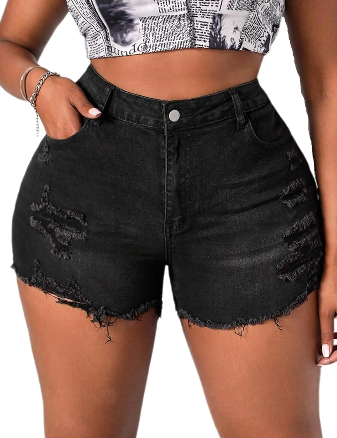 Plus Size Denim Shorts Women High Waisted Ripped Folded Hem Jean Shorts